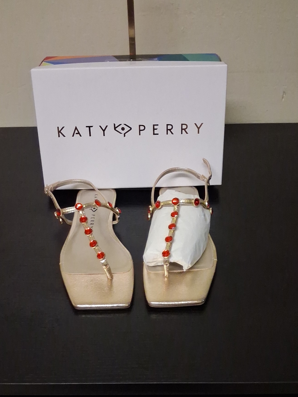 Katy Perry Collections Metallic Gold Sandals with Red Gem Accents Size 8